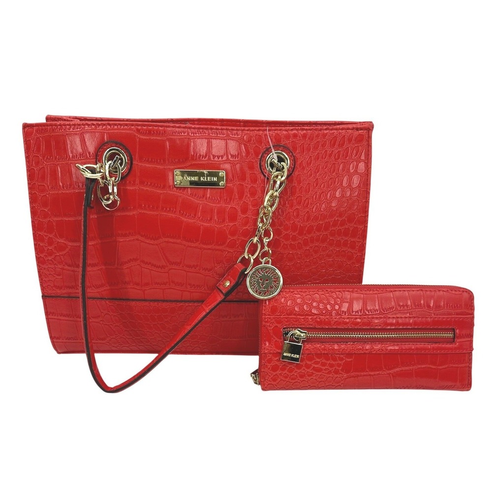 Anne Klein Shoulder Bag w/ Wallet Red Croc Embossed Gold Chain Satchel Tote Y2K